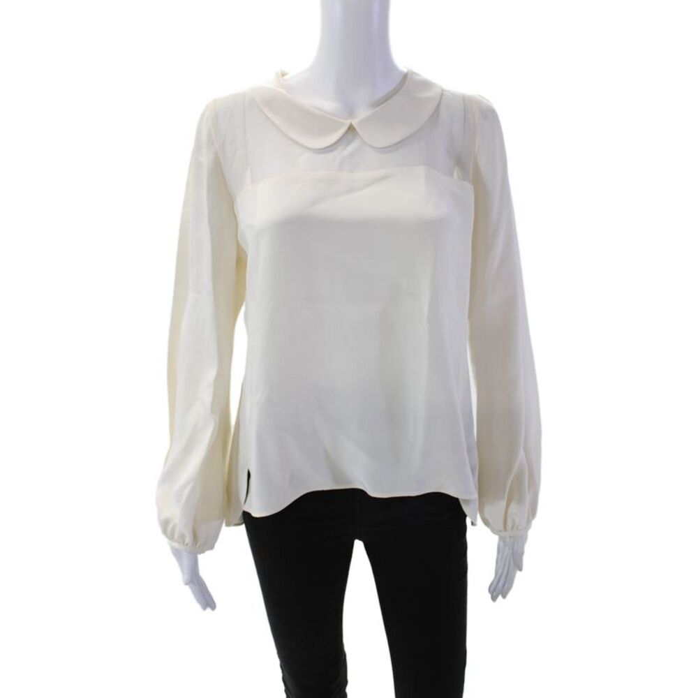 Designer Womens Long Sleeve Sheer Trim Collared Boxy Blouse White Size Large